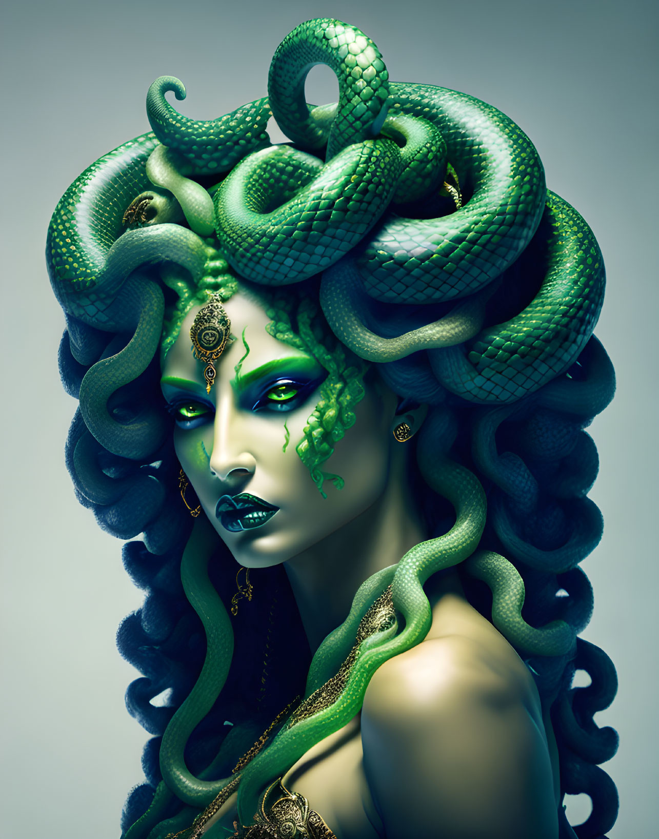 Green-skinned female figure with snake hair and gold jewelry in mystical setting