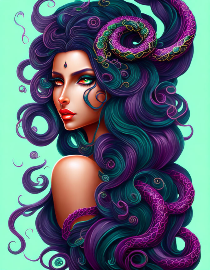 Detailed depiction of woman with purple hair, tentacles, green eyes, and ornate headpiece