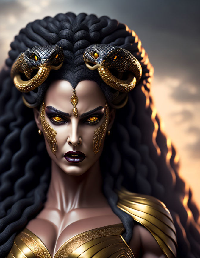 Digital art portrait: Woman with Medusa-inspired design, golden snakes, dramatic makeup, ornate armor