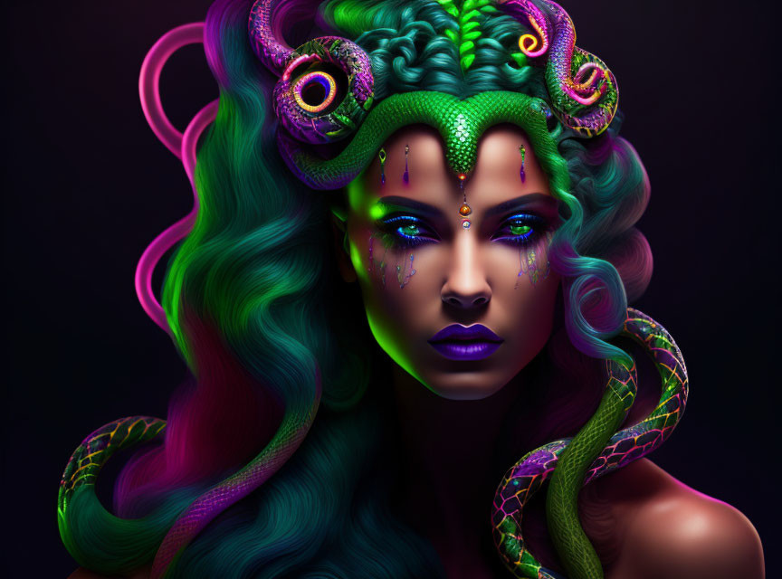 Vibrant green and blue hair woman with snake-like hair and striking make-up.