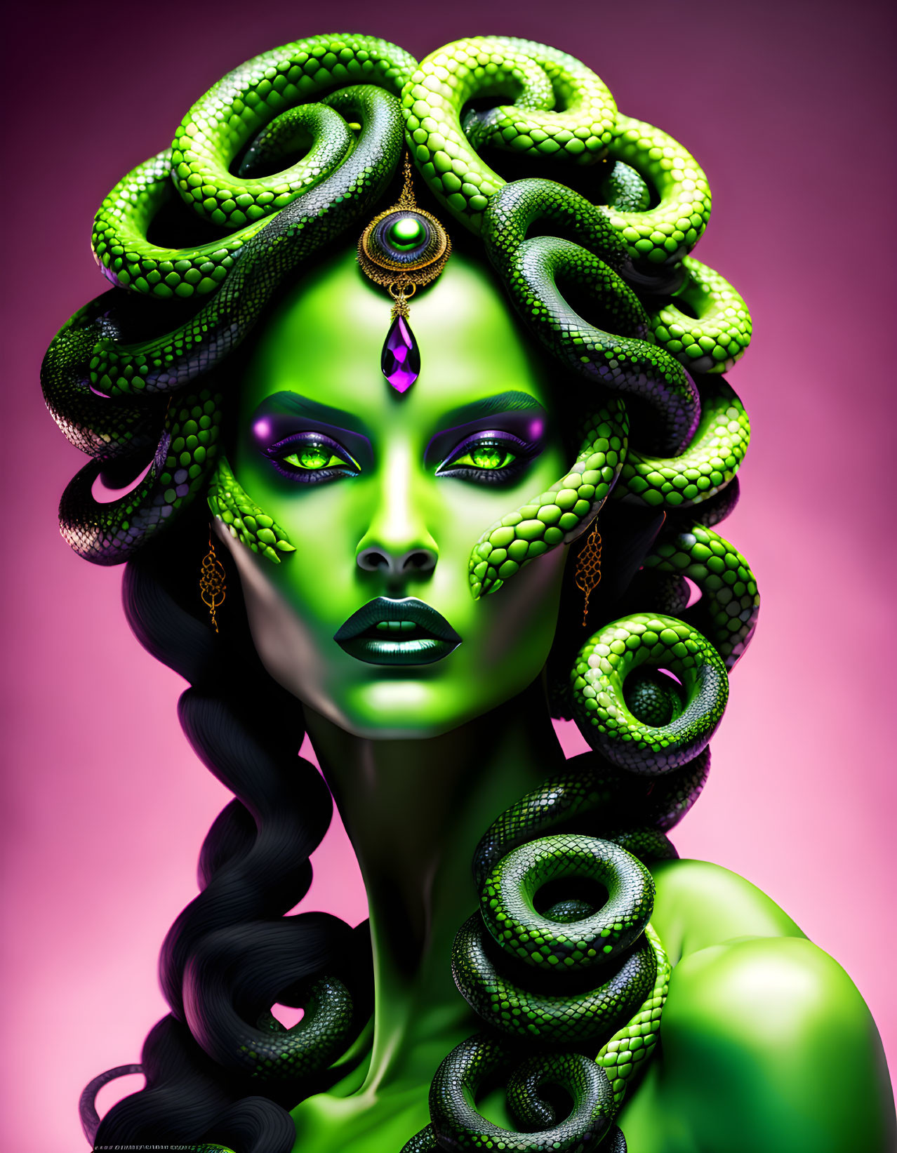 Colorful portrait of woman with green skin and snake hair, inspired by Medusa.