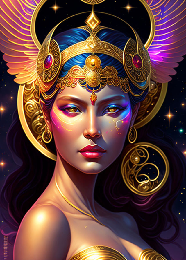 Illustrated woman with golden headgear in cosmic setting