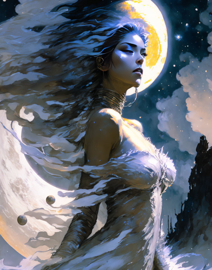 Celestial female figure with cloud-like hair and cloak under moonlit sky