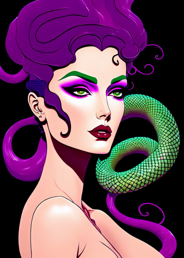 Purple-haired woman with green eyeshadow and snake illustration