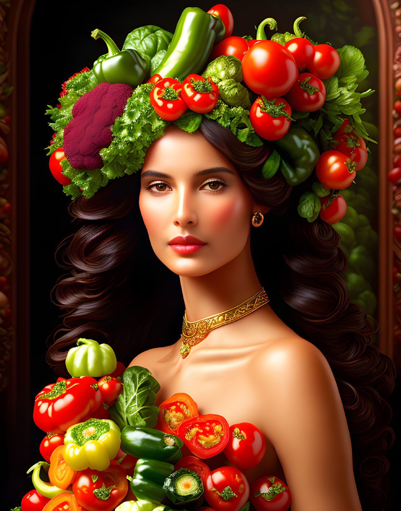 Colorful Vegetable Dress on Woman with Headdress