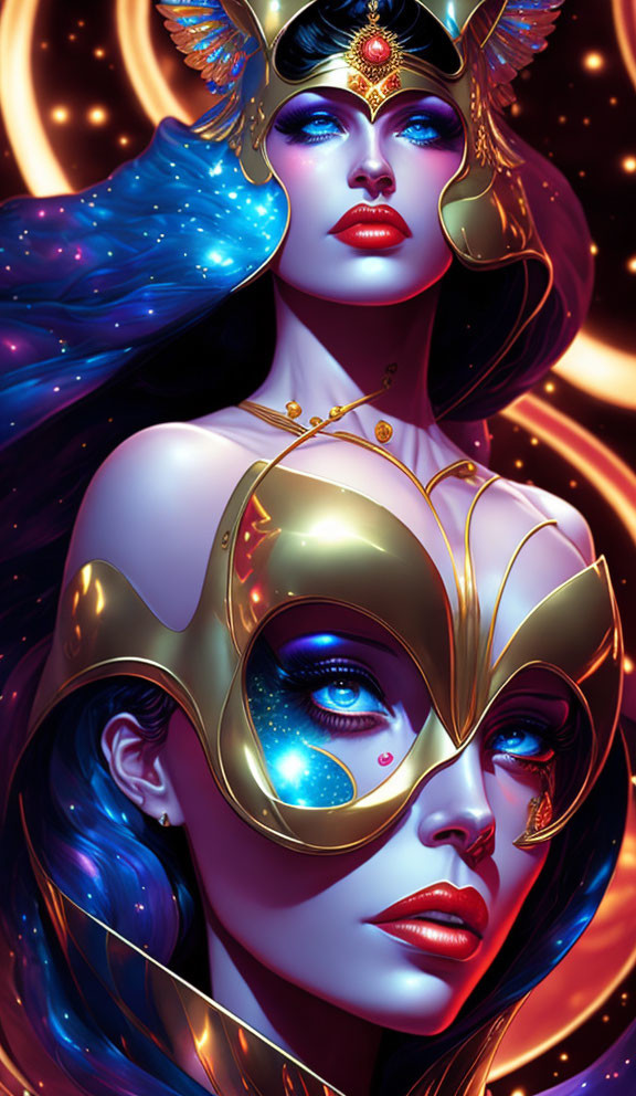 Colorful illustration of two women with exotic headpieces against cosmic backdrop