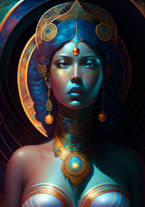 Blue-skinned woman with gold jewelry in cosmic portrait.