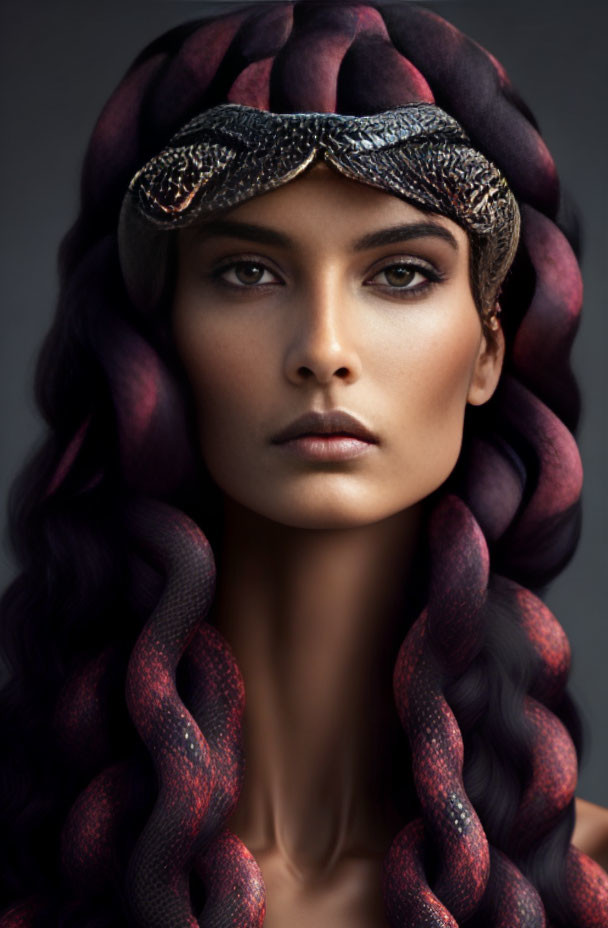 Woman with snake-themed makeup and headpiece, braided hair in purple and red