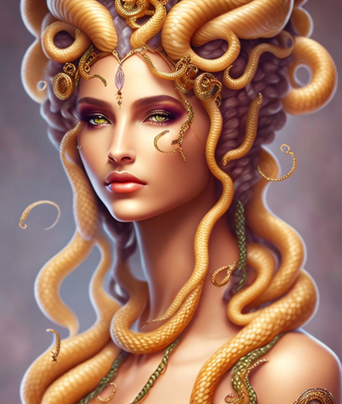 Illustrated Woman with Serpentine Hair and Golden Accessories