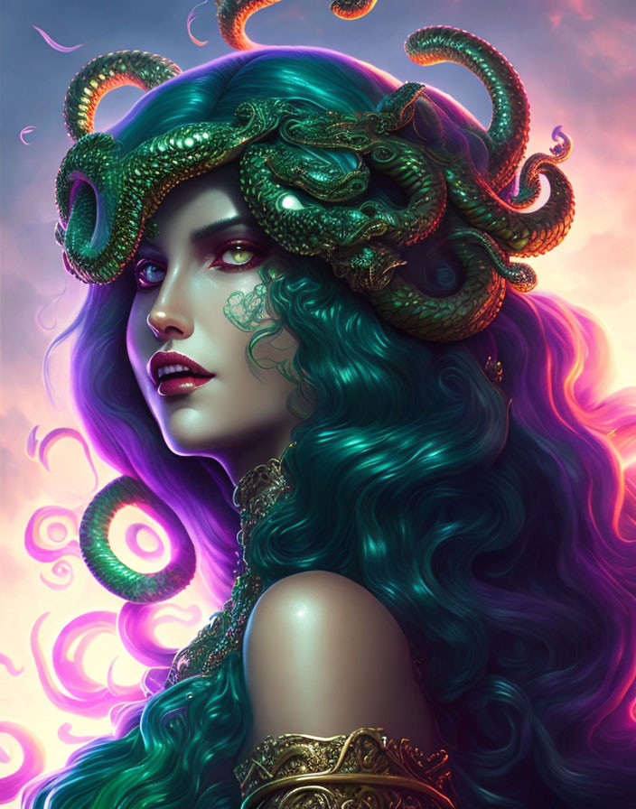 Fantastical portrait of woman with tentacles and horns, green hair, purple glow.