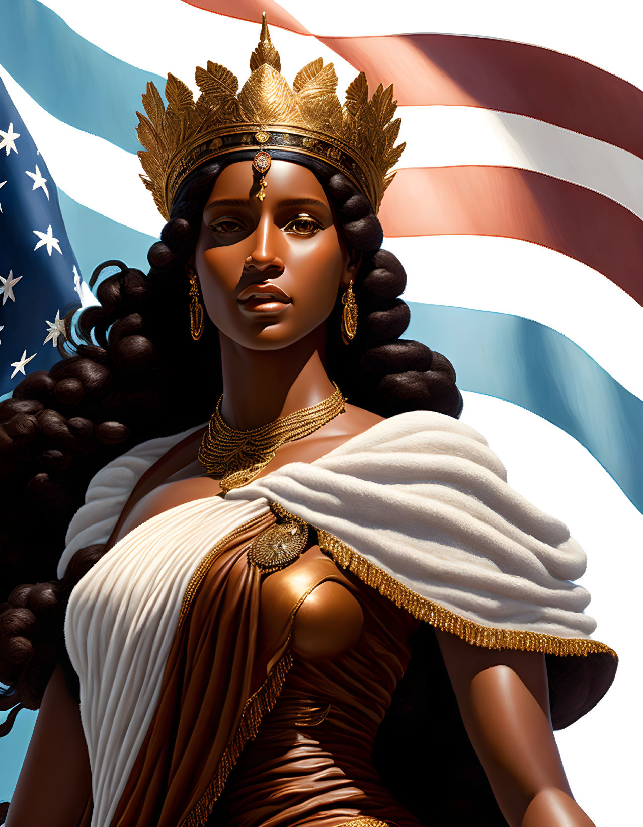 Regal woman with crown and golden accessories against American flag.