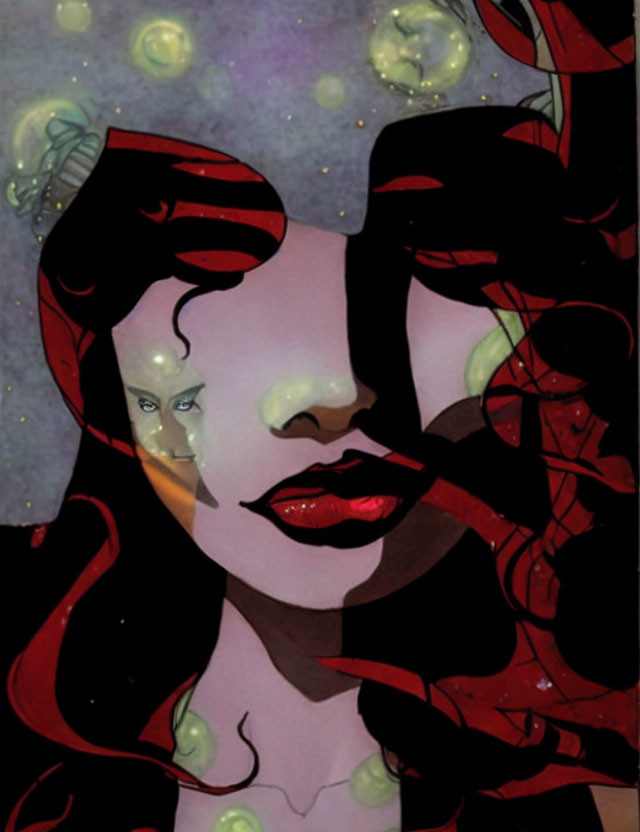 Fragmented woman's face in red swirls on starry backdrop with small faces.