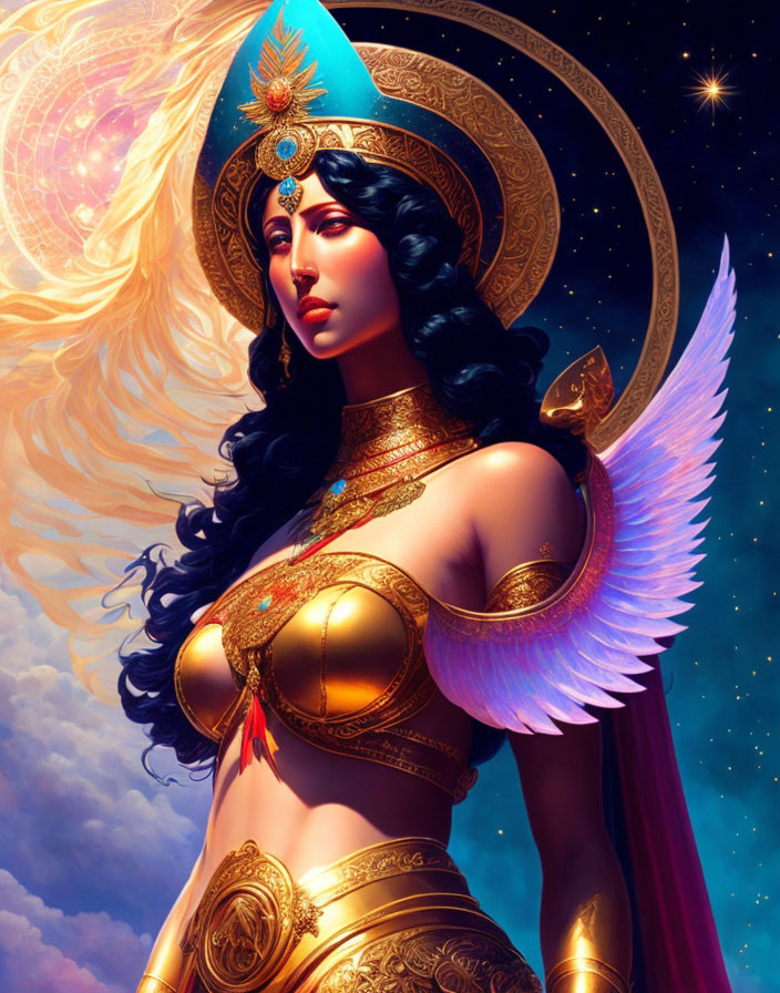 Stylized illustration of a winged female warrior in golden armor against starry sky