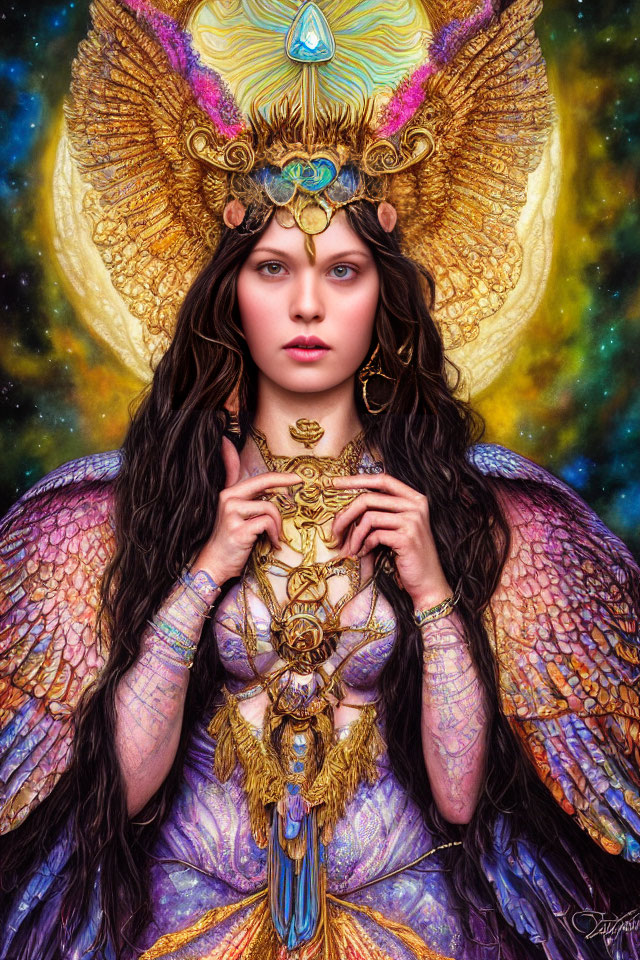 Fantasy portrait of a woman with celestial headdress and wing-like attire