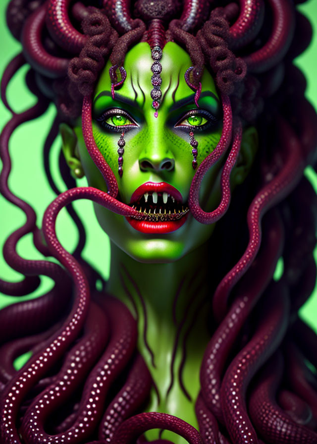 Fantasy portrait of person with green skin and serpent-like hair