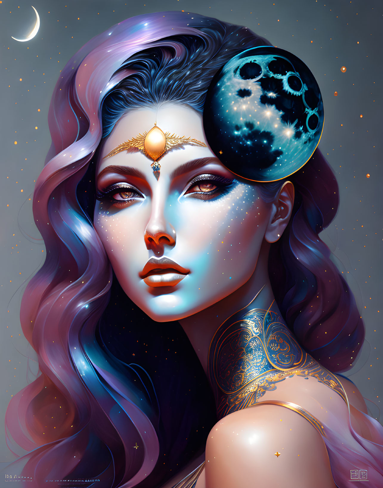 Multicolored Hair Woman with Celestial Tattoos in Cosmic Artwork