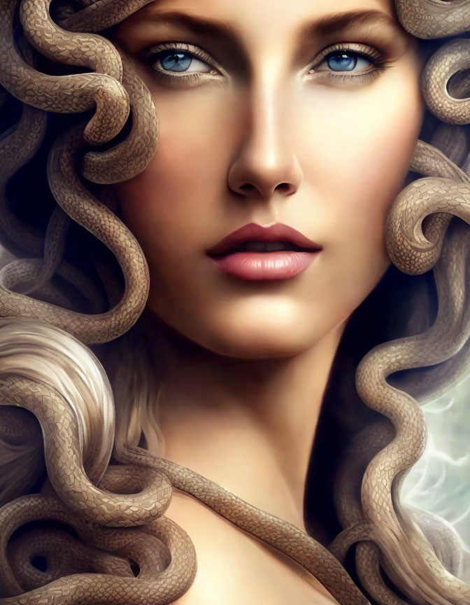 Digital artwork featuring woman with blue eyes and snake hair inspired by Medusa myth