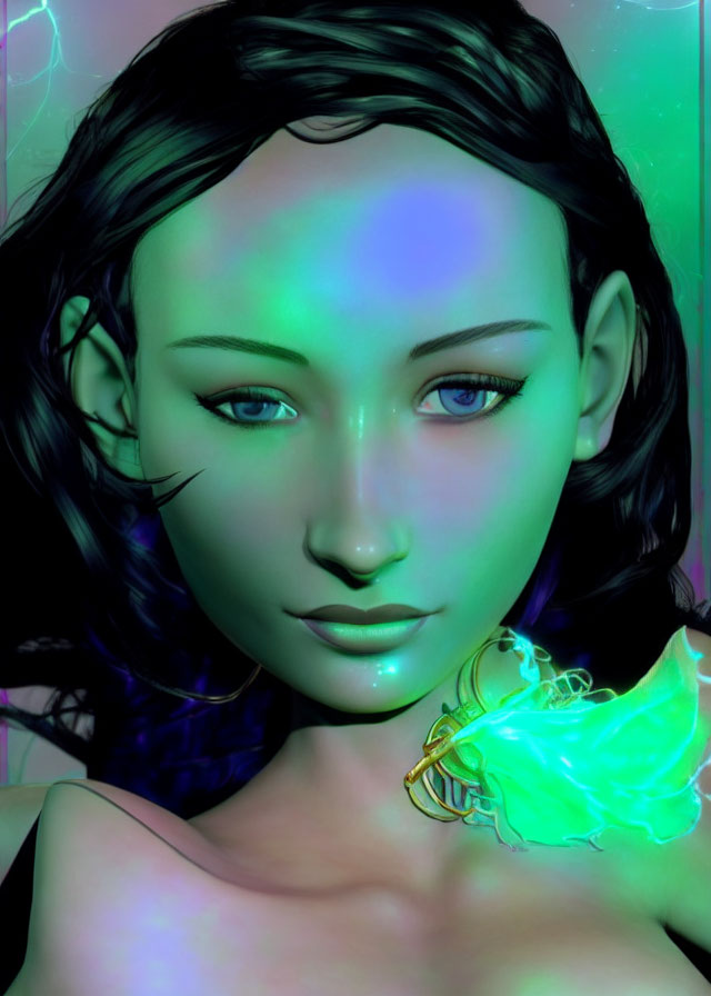 Teal-skinned woman with yellow eyes and black hair, adorned with a glowing green butterfly.