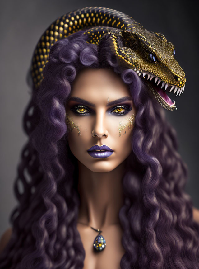 Purple-haired woman with blue lips and golden snake in mystical setting