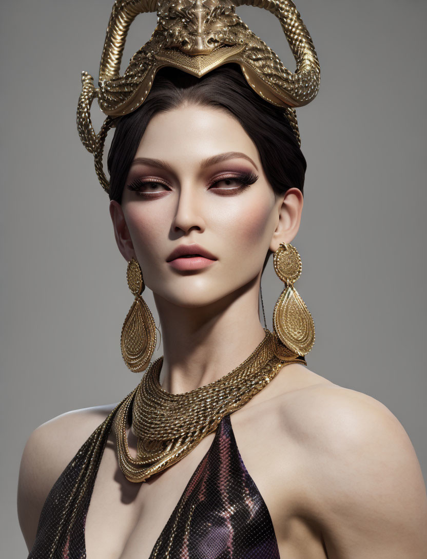 Person with dramatic makeup and ornate accessories.