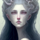 Female fantasy portrait with glowing red eyes, ethereal blue-white antlers, and dark flowing hair