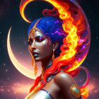 Vibrant digital artwork of mythical woman with crescent moon, colorful hair, gold jewelry, and