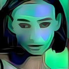 Teal-skinned woman with yellow eyes and black hair, adorned with a glowing green butterfly.