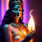 Woman with Long Wavy Hair Holding Flame in Purple and Orange Lighting