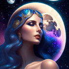 Illustrated woman with golden tiara and earrings against moonlit backdrop