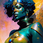 Illustrated woman in regal armor and jewelry with afro hairstyle on vibrant celestial backdrop