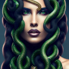 Illustrated woman with serpentine features and green eyes, hair entwined with snakes