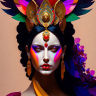 Colorful portrait of stylized woman with elaborate headgear and jewelry against flowing ribbons