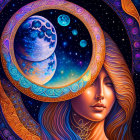 Vibrant illustration of woman merging with cosmic background