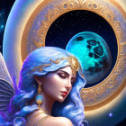 Ethereal woman with blue flowing hair under full moon