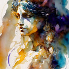 Vibrant watercolor portrait of a contemplative woman with abstract elements