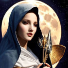 Digital Art: Woman with Blue Hair and Golden Tiara Holding Miniature Moon