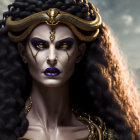 Digital art portrait: Woman with Medusa-inspired design, golden snakes, dramatic makeup, ornate armor