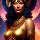 Majestic woman with wings in Egyptian-inspired attire on cosmic backdrop