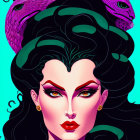 Vibrant pink and green stylized portrait of a woman with exaggerated curly hair and bold makeup.