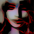 Fragmented woman's face in red swirls on starry backdrop with small faces.