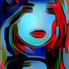 Colorful portrait of a woman with neon hues and red lips