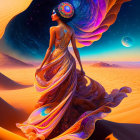 Cosmic-themed woman illustration on desert dune under surreal sky