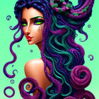 Detailed depiction of woman with purple hair, tentacles, green eyes, and ornate headpiece