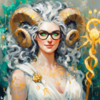 Serene woman surrounded by swirling snakes in digital art