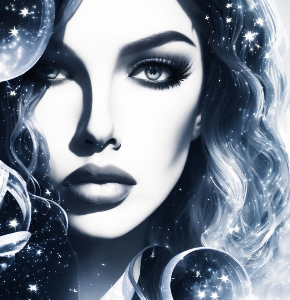 Celestial-themed digital art portrait of a woman with pale skin