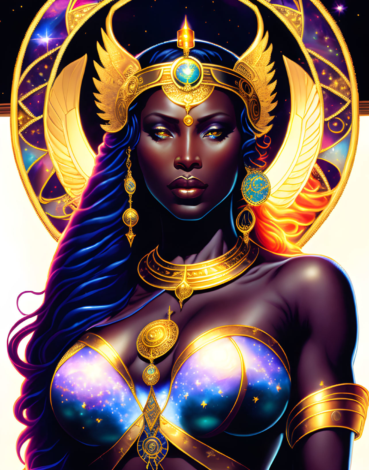 Majestic woman in celestial armor with cosmic body design