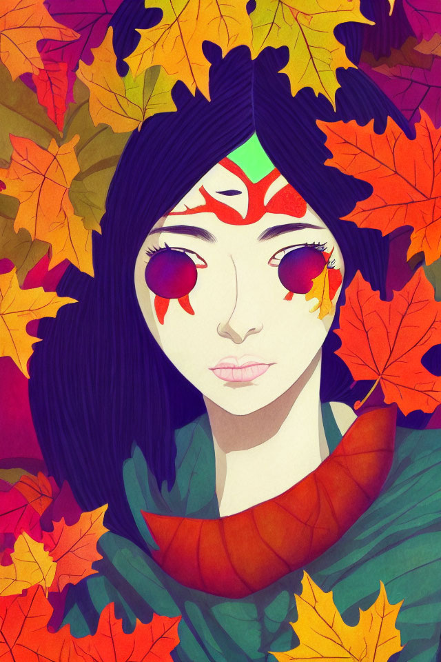 Illustration of woman with black hair in autumn leaves with red and yellow makeup