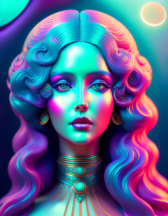 Colorful digital portrait of woman with flowing hair and ornate neck jewelry on neon backdrop