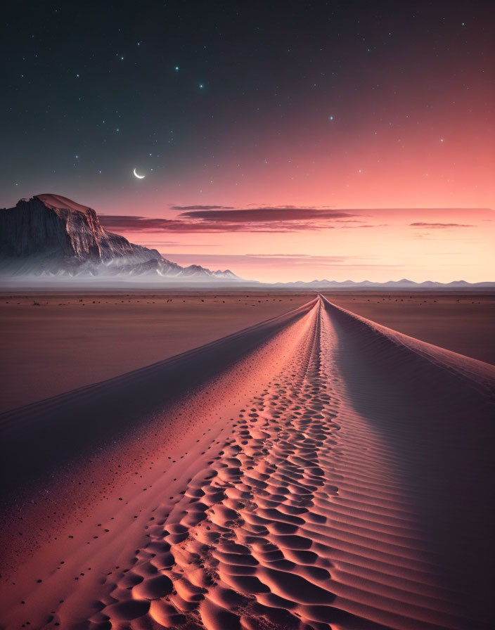 Twilight desert landscape with crescent moon over sand dunes