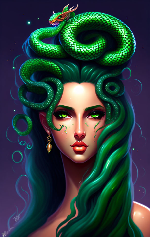 Fantasy-themed illustration of woman with green hair and snake on head against purple background